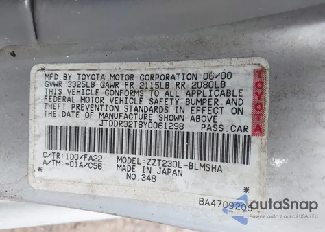 2000 Toyota Celica Gt from USA, damaged, VIN JTDDR32T8Y0061298